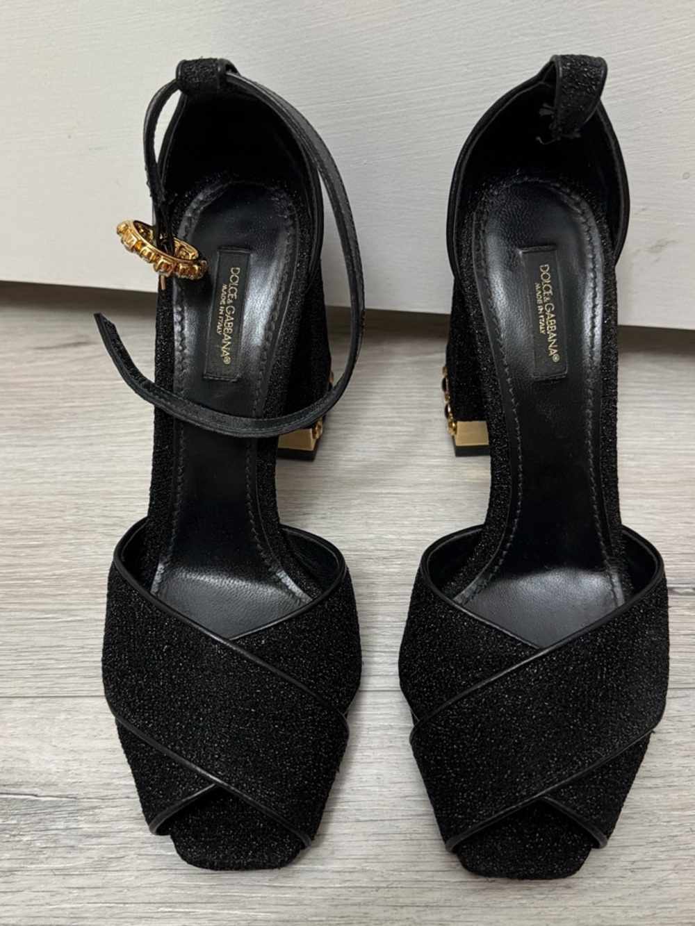 Dolce & Gabbana Black Glitter Crisscross Ankle Strap Block Heels - Picture 1 of 5